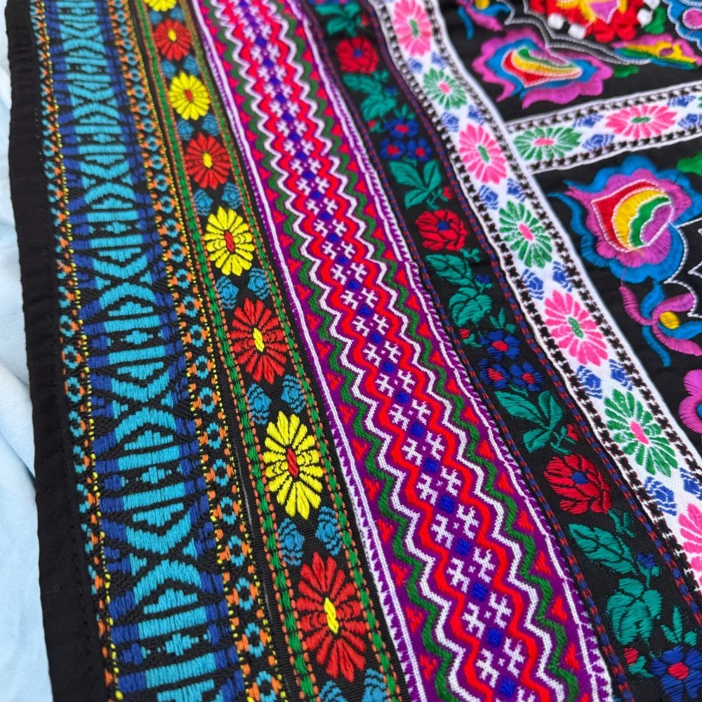 Vintage Hmong Embroidered Folk Art Textile Tapestry Black Multi Boho Floral